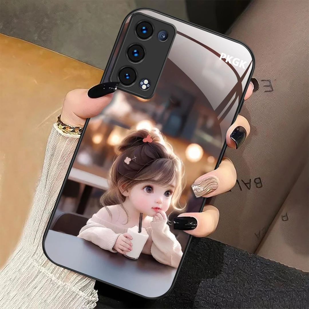 适用【OPPO Reno6 Pro+】喝茶女孩液态玻璃手机壳 超薄 网红时尚