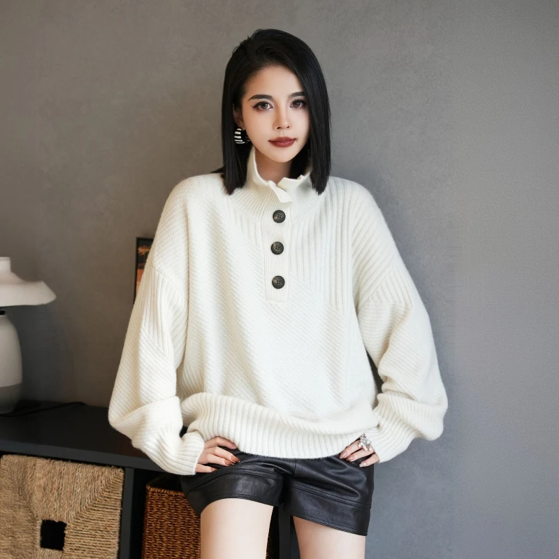 POPULARYW【秋缄成诗】Z·R上品屋 设计感温柔纯色高领纽扣毛衣