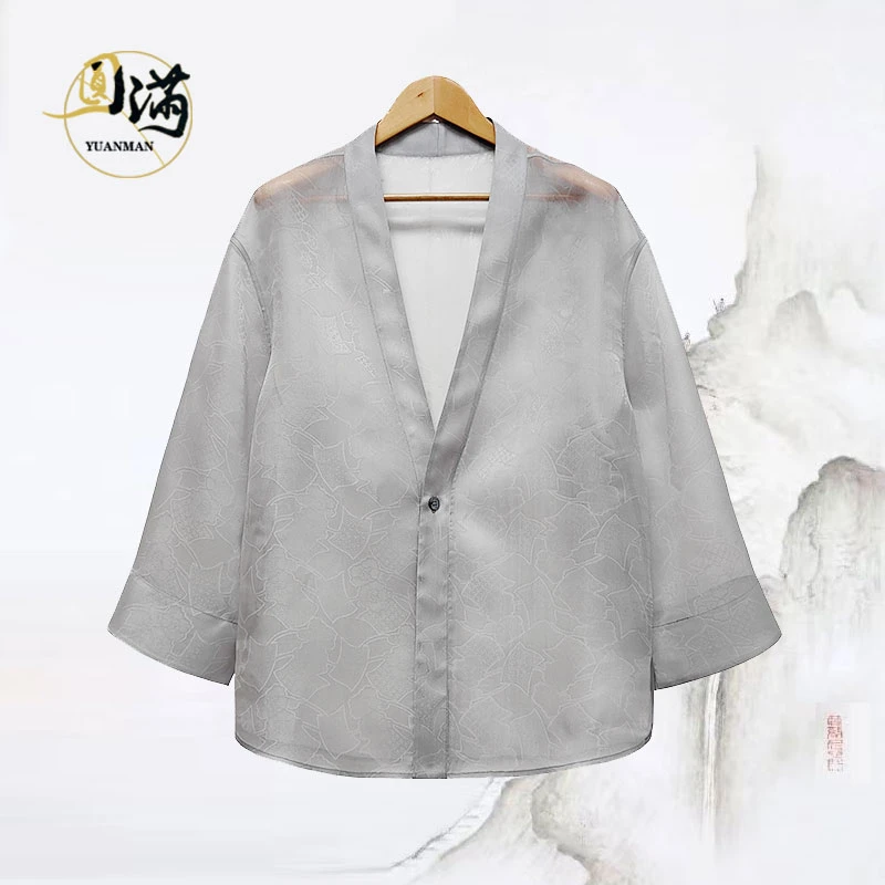 [圆满香云纱]桑蚕丝白雪莲提花国风防晒透气遮阳道袍上衣KS5515