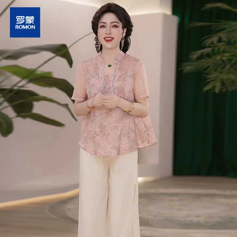 2025新款夏季妈妈装薄款时尚套装衬衫中老年女装洋气减龄休闲T恤