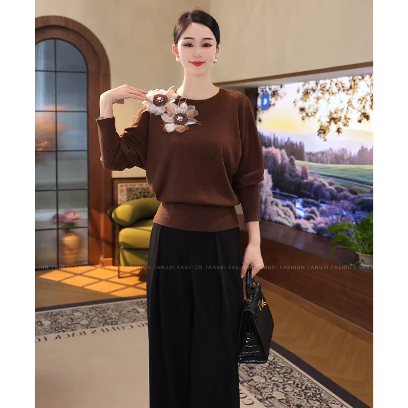 现货2026秋冬新款【LT-1214JR】含醋酸丝羊毛咖色v领宽松针织上衣