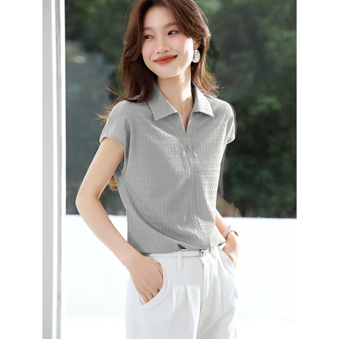 沫晗依美休闲polo领小飞袖衬衫2025夏简约设计感百搭上衣女02303