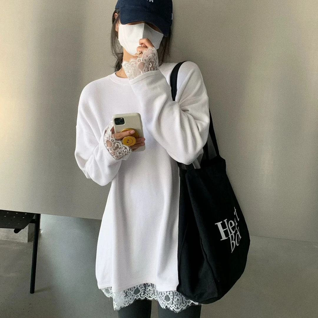 韩版圆领白色长袖T恤法式下摆拼接蕾丝边春秋宽松打底衫内搭春秋