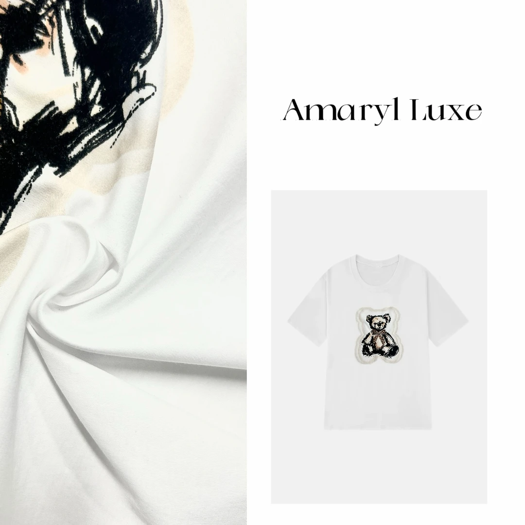 【Amaryl Luxe】布偶熊潮流绒毛设计镶钻时尚洋气衣服女圆领短袖T恤