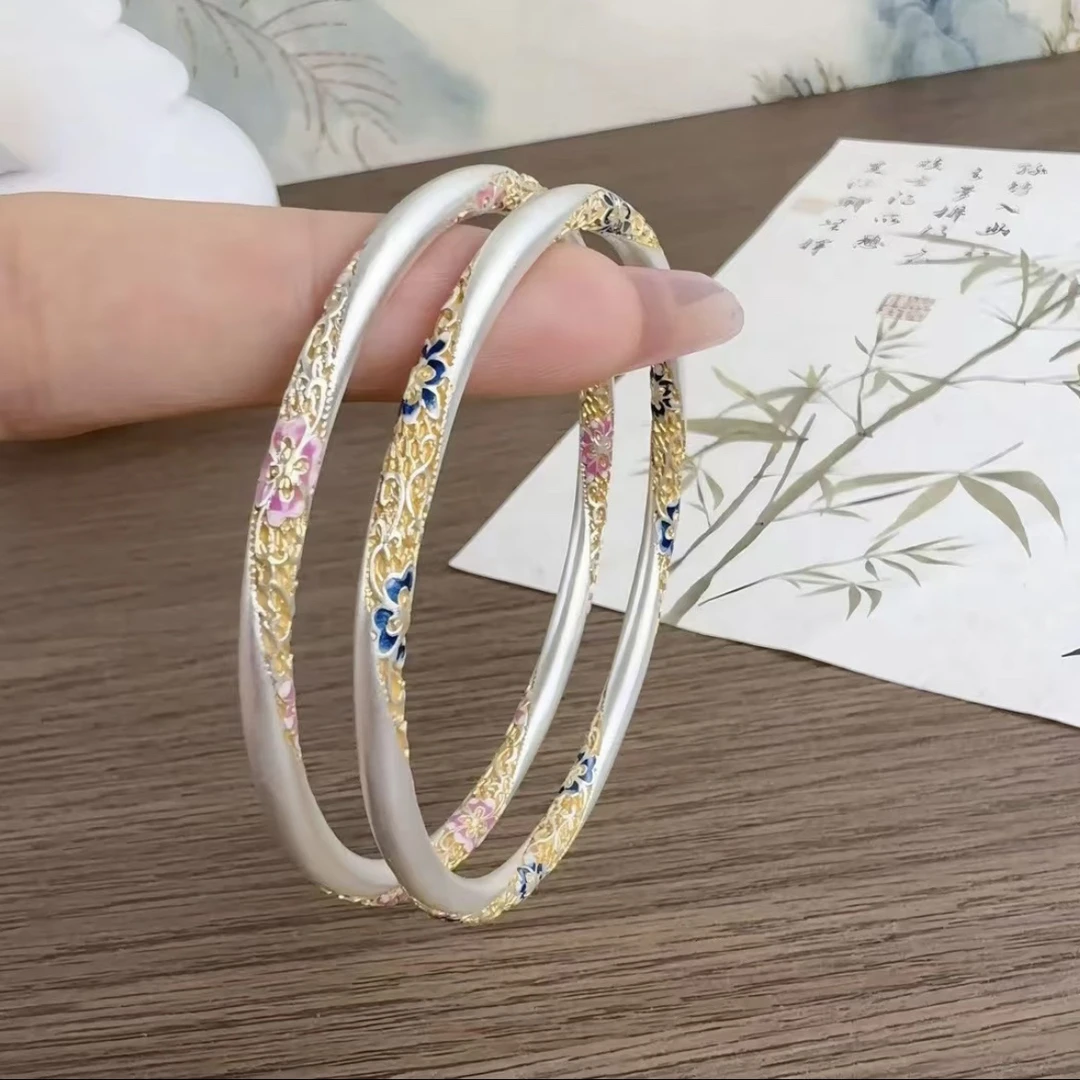 足银手镯 纯银新中式复古精致手工珐琅彩葫芦银手镯送女友礼物