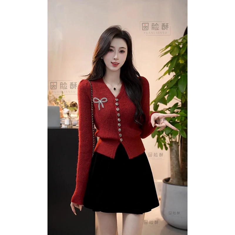 【樱川桃井】小香风秋冬复古红色蝴蝶结显瘦毛衣