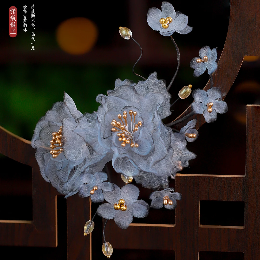 古风绢纱花发夹汉服头饰仙气复古宫廷烫花朵蝴蝶绢纱饰品侧边夹女