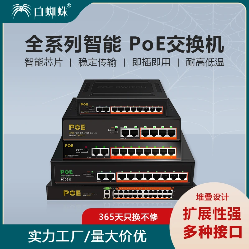 白蜘蛛POE交换机千兆供电监控家用专用6口10口口24口带光口带VLAN