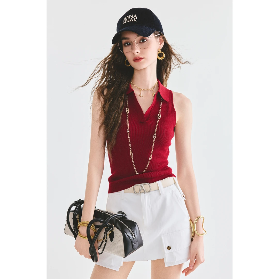 ANNASPEAK Miu系亲肤透气桑蚕丝棉剪刀领无袖针织衫修身polo背心