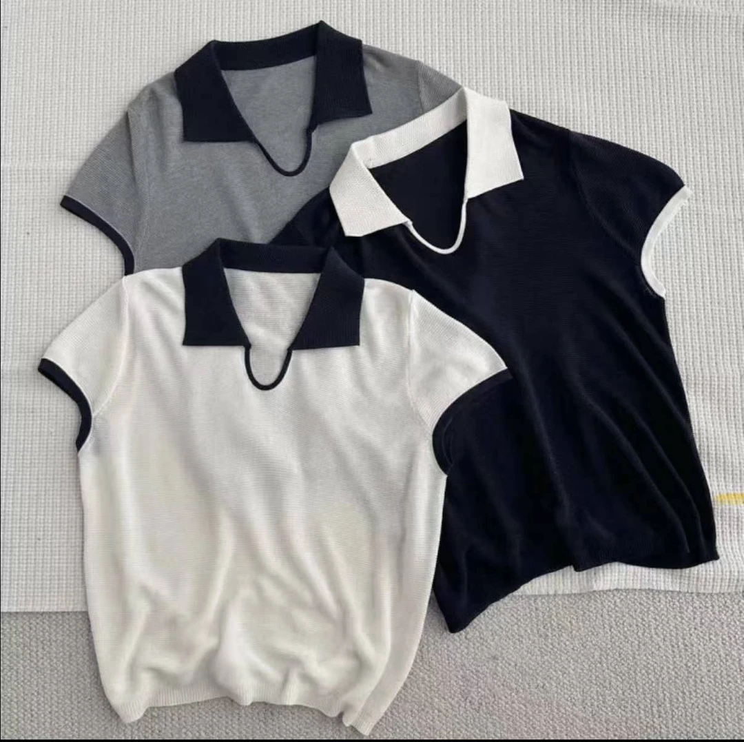 2025夏新款韩系翻领撞色拼接短袖T恤女宽松显瘦百搭时尚针织上衣