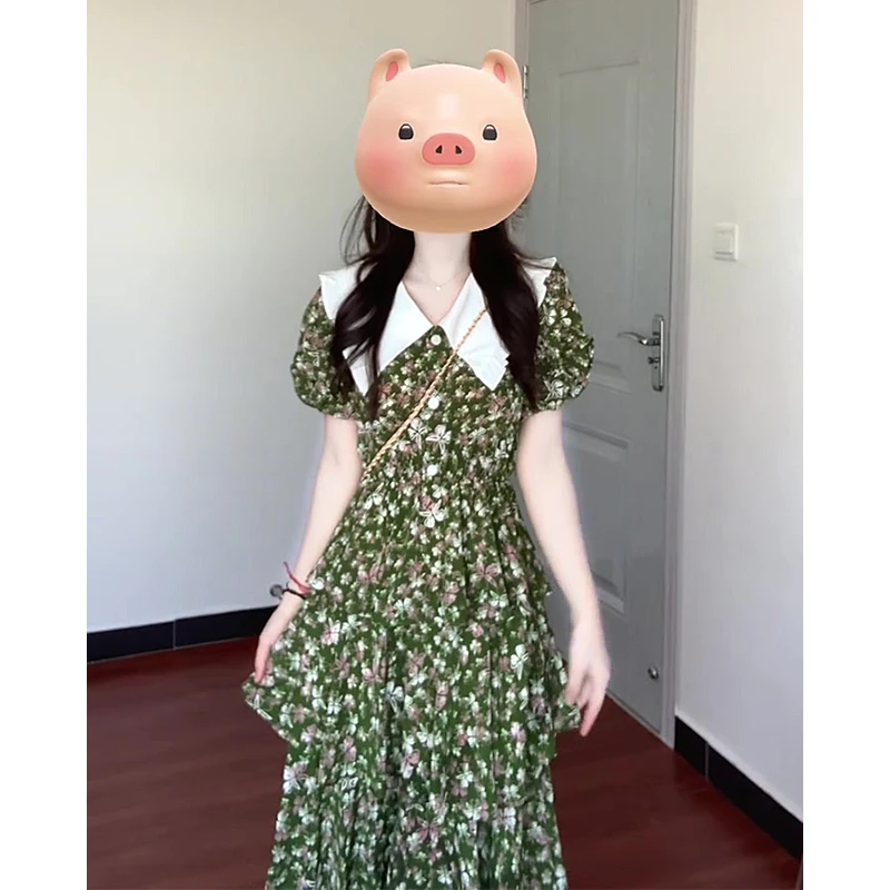 蛋糕连衣裙女2025夏季新款法式气质娃娃领短袖收腰中长款碎花裙子