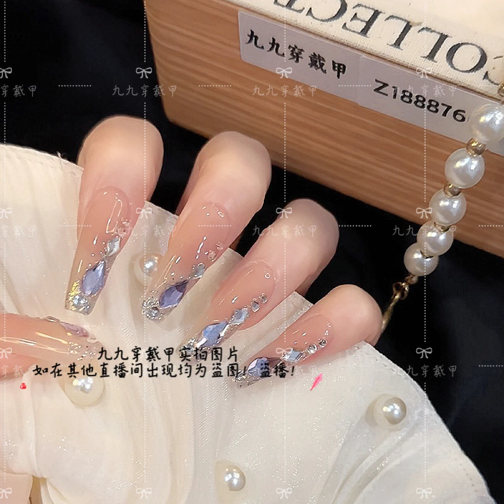 清浅时光 手工穿戴甲腮红镶锆石冰透光疗美甲轻奢可拆卸穿戴甲