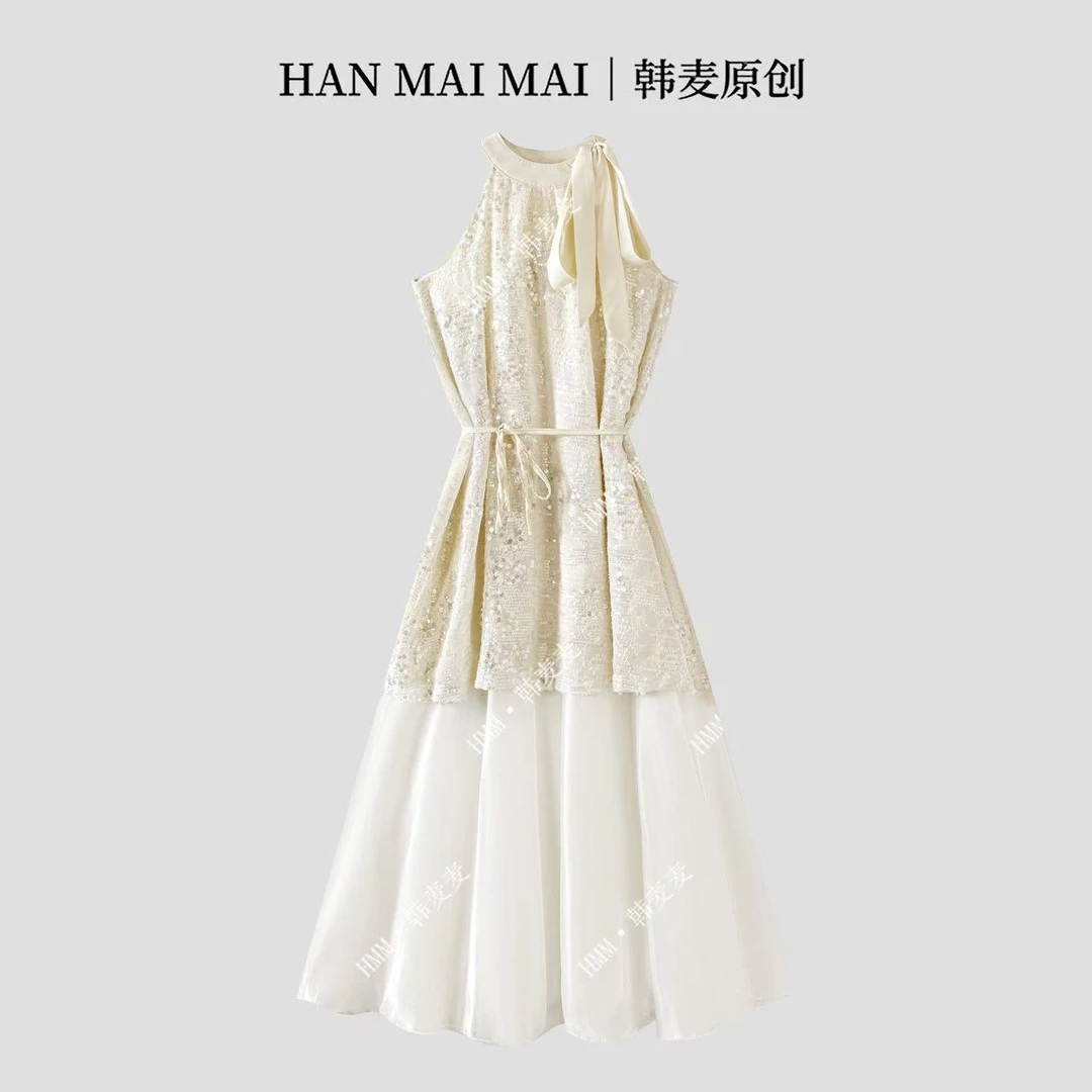 法式亮片网纱挂脖连衣裙女夏装夏季新款度假减龄气质长裙/D280