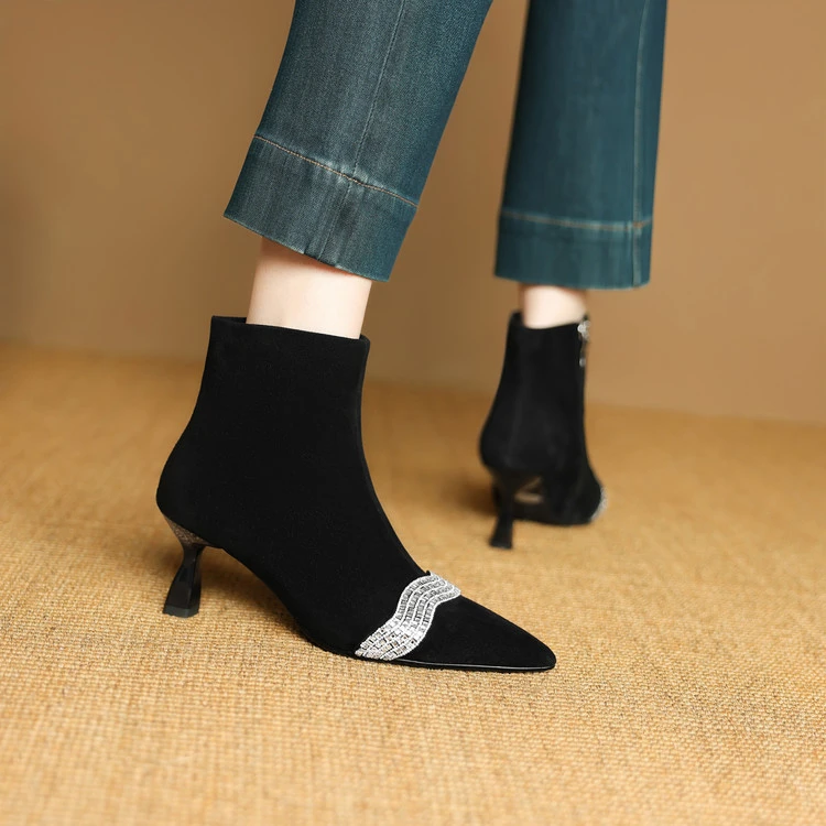 羊皮~6.5cm秋冬新款水钻短靴优雅气质单靴通勤百搭钻条高跟及踝靴
