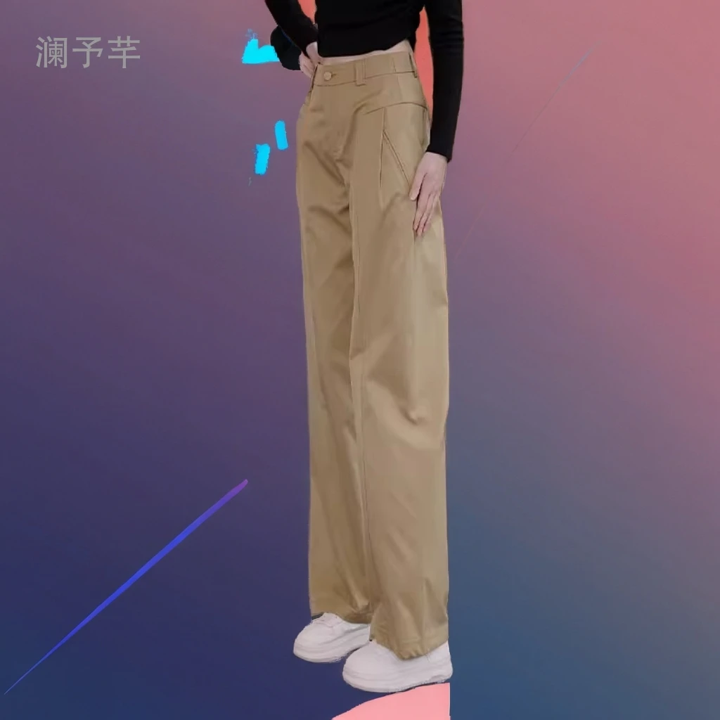卡其色2025春秋女窄版阔腿高腰西装显瘦休闲直筒裤子