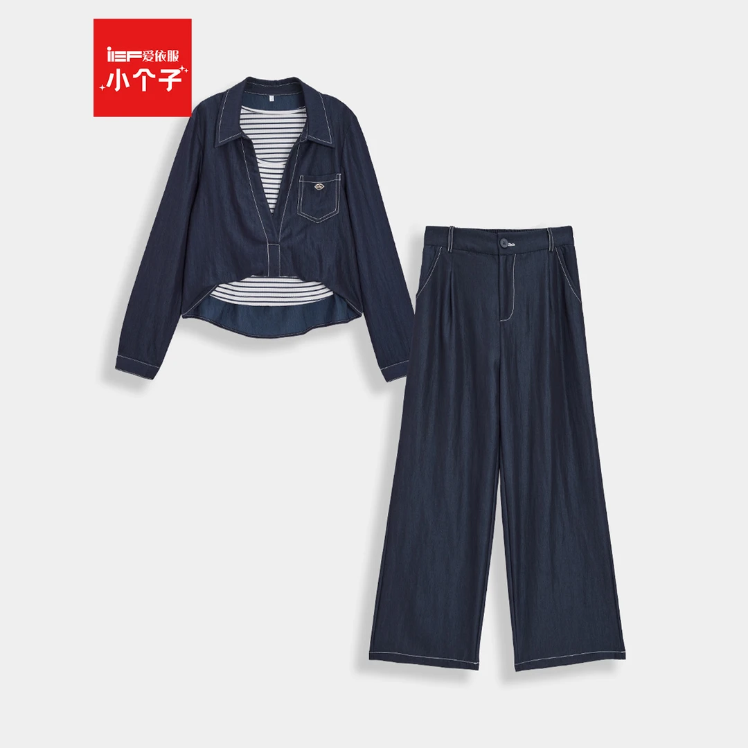 【小个子】IEF/爱依服2025新款秋季显瘦条纹假两件拼接上下套裤套装
