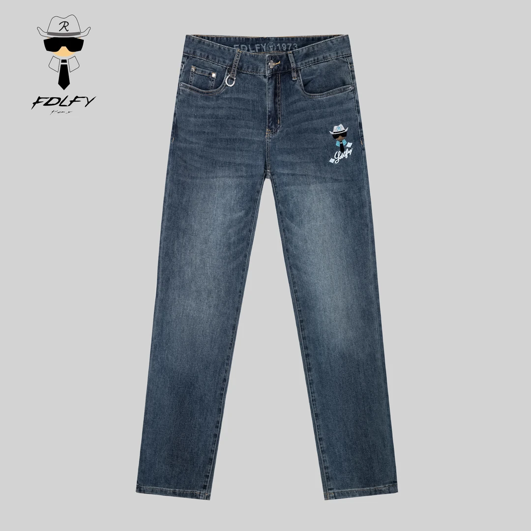 FDLFY老佛爷设计师款夏季水洗牛仔裤直筒休闲复古弹力修身蓝色