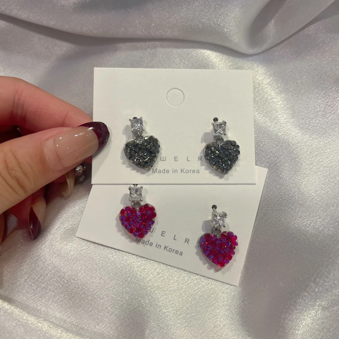 合金耳饰 韩国 设计 气质 小众 ins 手工 心心 碎钻 耳钉L259