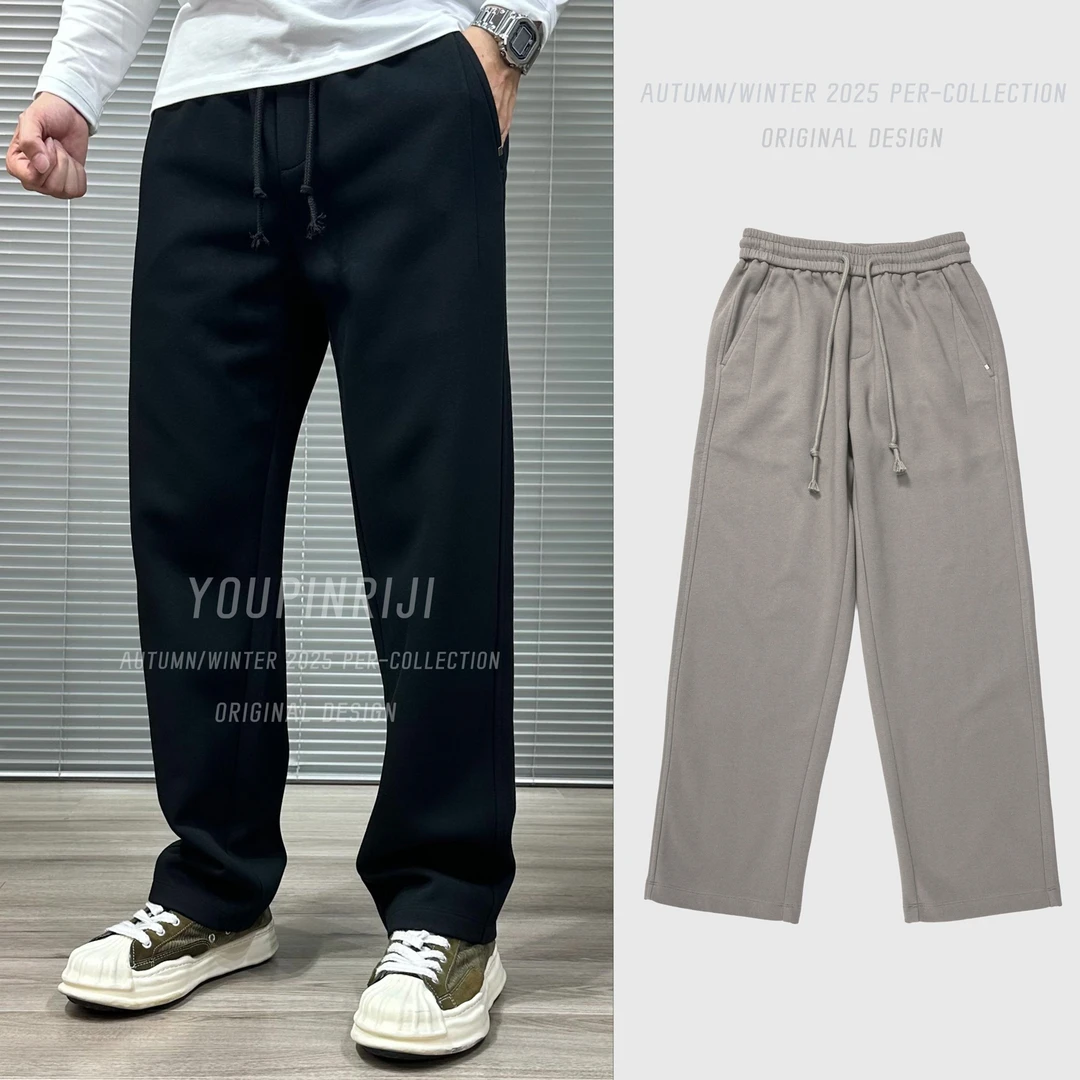 新款弹力针织棉阔腿卫裤简约宽松抽绳秋冬男休闲直筒长裤21