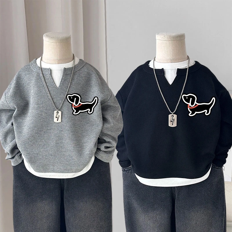 卫衣2025长袖秋季新款男童华夫格套头卡通小狗假两件帅气宝宝T恤