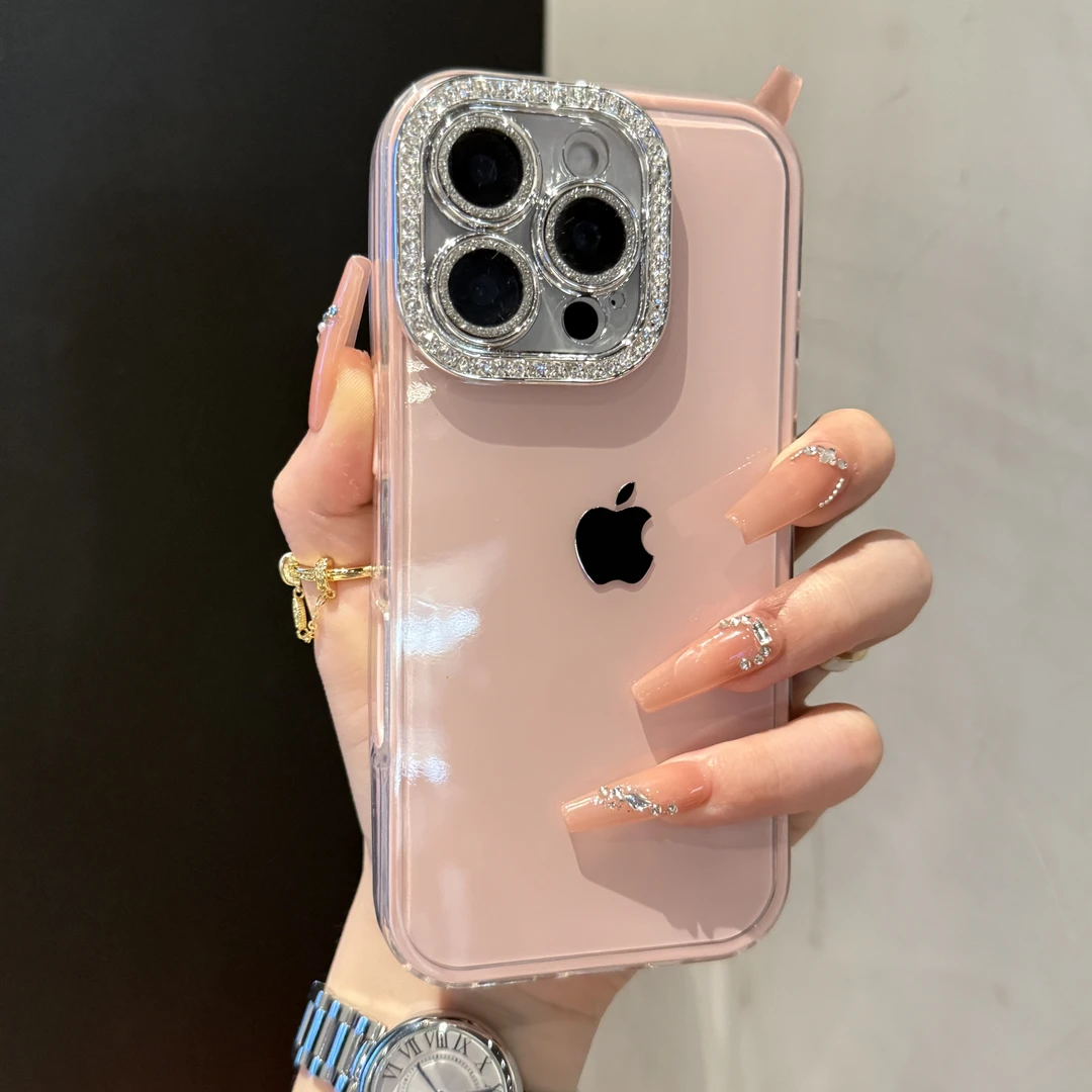 粉嫩嫩果冻纯色手机壳适用iPhone16promax闪钻镜头15高级14Pro/13