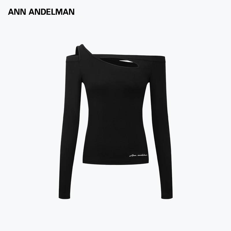 ANN ANDELMAN 黑色镂空一字肩设计感上衣紧身解构长袖T恤商场同款