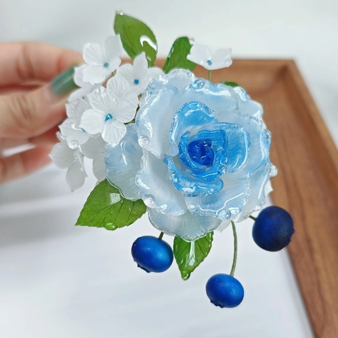 热缩片玫瑰发簪 蓝莓绣球花汉服配饰古风头饰发簪原创手工