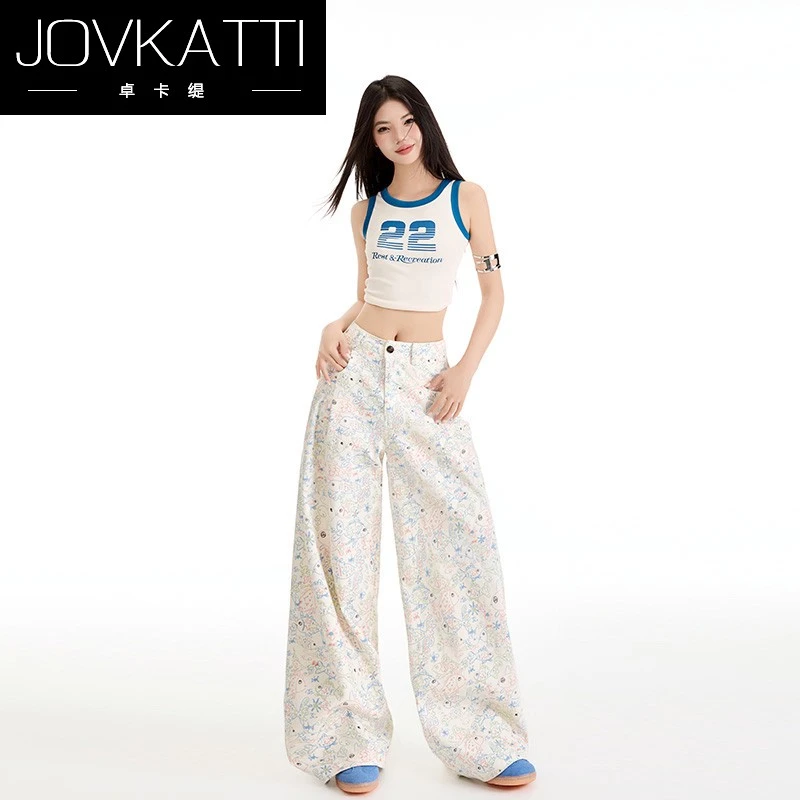 卓卡缇印花涂鸦宽腿牛仔裤2025年秋季新款白色高腰慵懒风垂感裤子