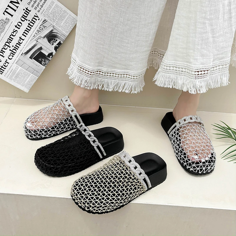 【311-1】包头镂空编织水钻平底厚底包头拖坡跟百搭休闲小香风ins