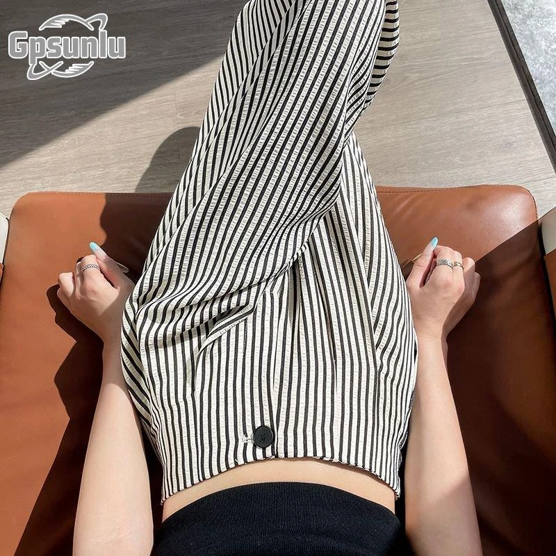 gpsunlu条纹时尚裤子女夏薄款新款阔腿裤高腰垂感宽松直筒西装裤