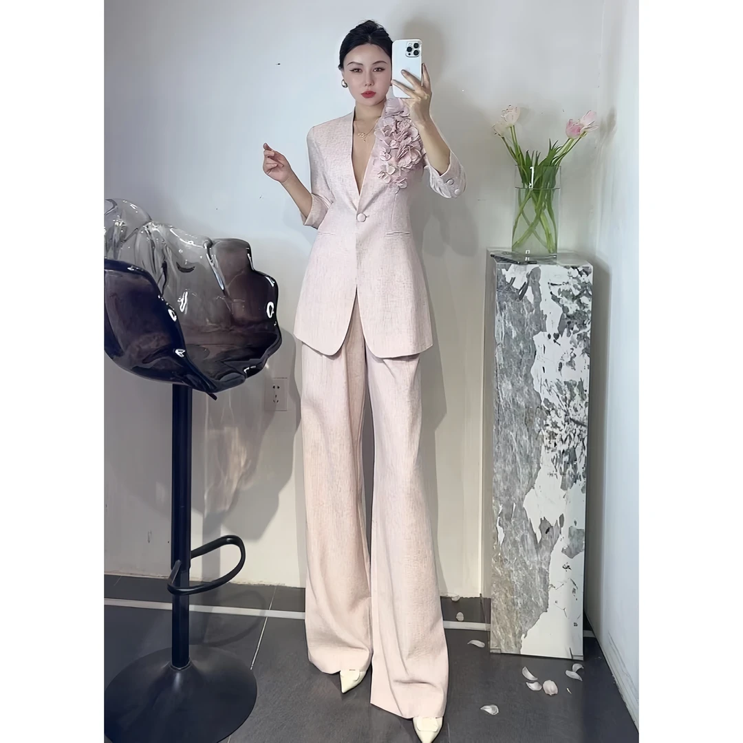 ZEROYK时尚套装女2025春夏新款设计感立裁花朵西服长裤通勤两件套