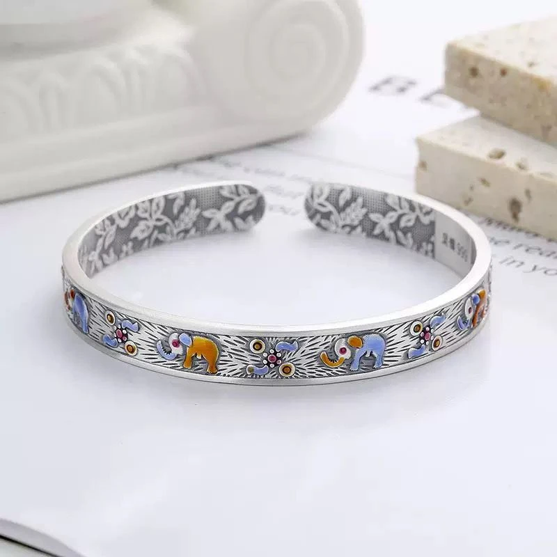 足银手镯 999【09】吉祥小象珐琅彩开口手镯