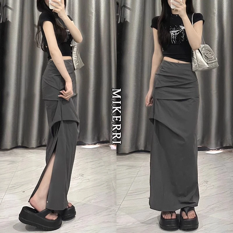 2025辣妹设计感灰色工装半身裙女夏新款高腰显瘦a字中长款工装裙