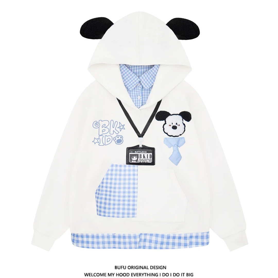 亿万少年BUFU原创可爱猫咪刺绣假两件连帽卫衣情侣宽松慵懒风上衣