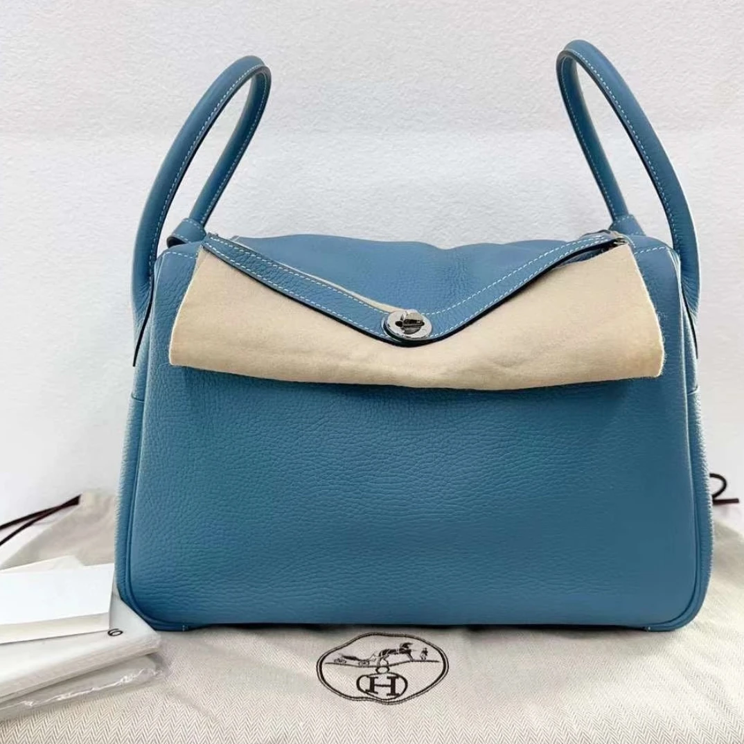 99新 Hermes/爱马仕 爱马仕LINDY34牛仔蓝银扣r单肩包