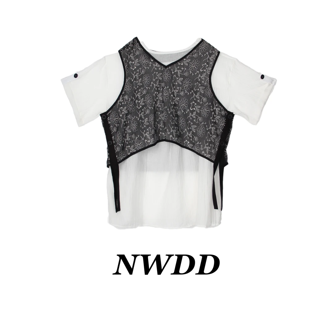 【NWDD】夏款宽松遮肉轻薄t恤拼接刺绣显瘦马甲两件套83237
