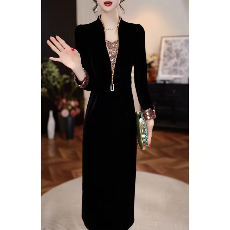 【墨色璀璨】2025秋季新款收腰显瘦洋气减龄轻奢女人味黑色连衣裙