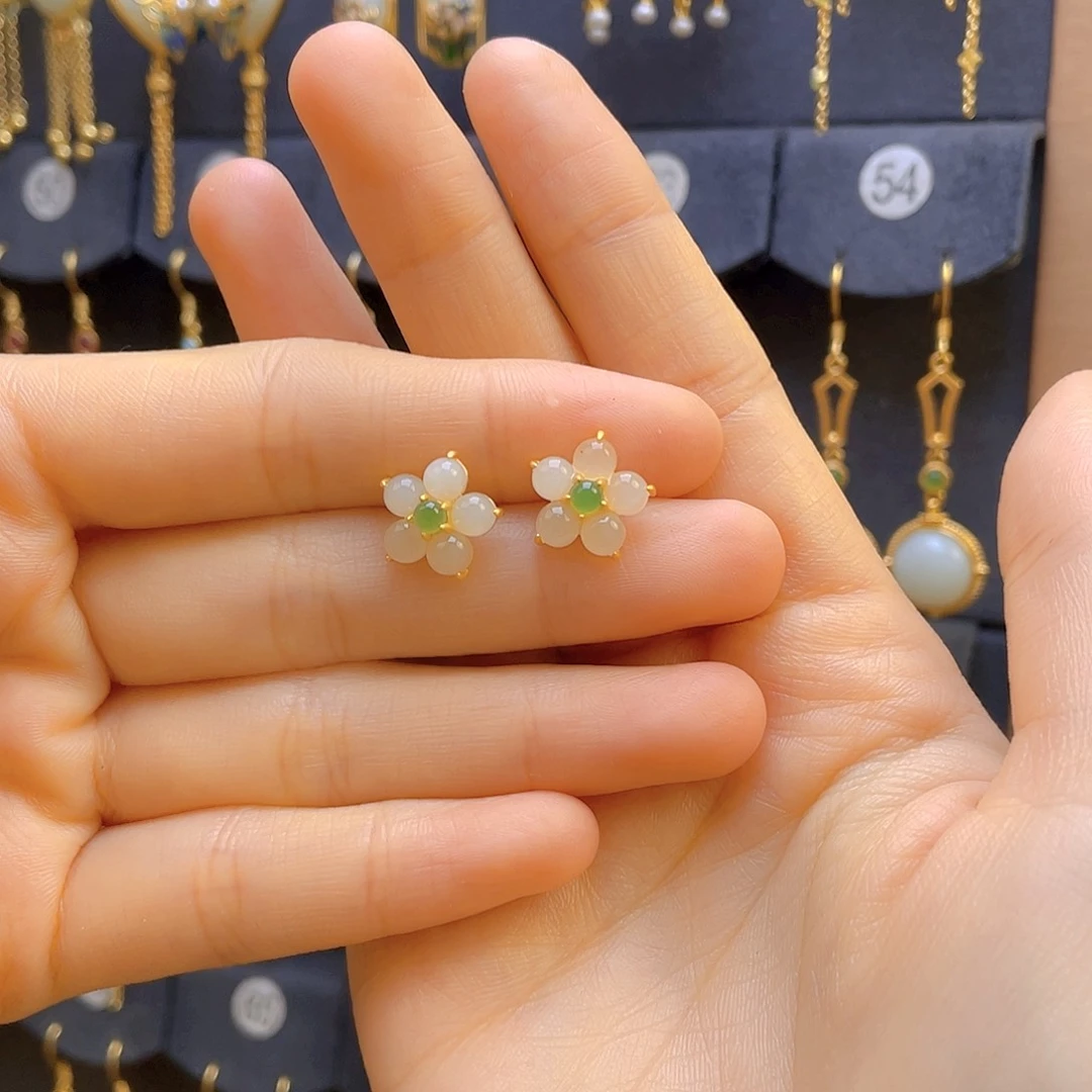 和田玉耳饰银S925镀金镶嵌