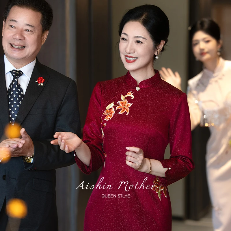 艾诗霓【胭脂】高端醋酸妈妈礼服新款气质喜婆婆结婚红色刺绣旗袍裙