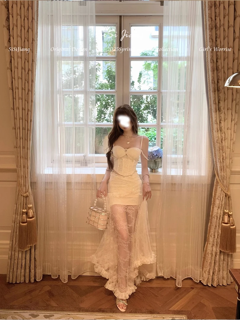 人鱼公主法式复古高级感蕾丝珍珠鱼骨上衣网纱长裙女2025夏季新款