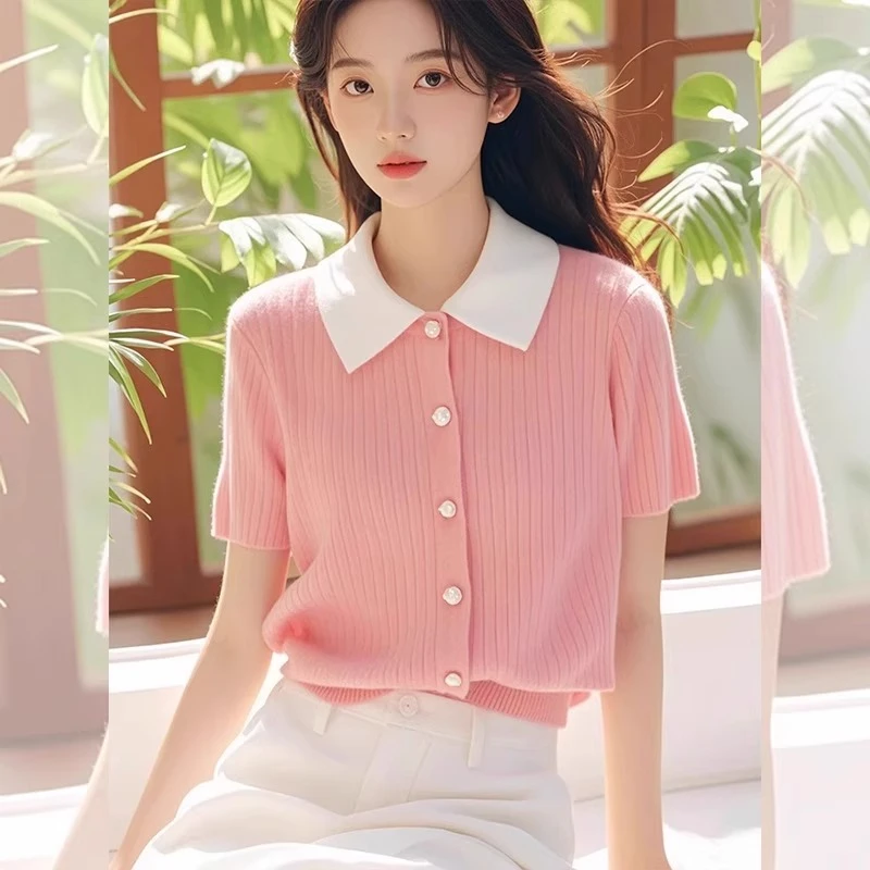 小香风粉色Polo领针织衫T恤女2025夏季新款正肩显瘦短袖翻领上衣