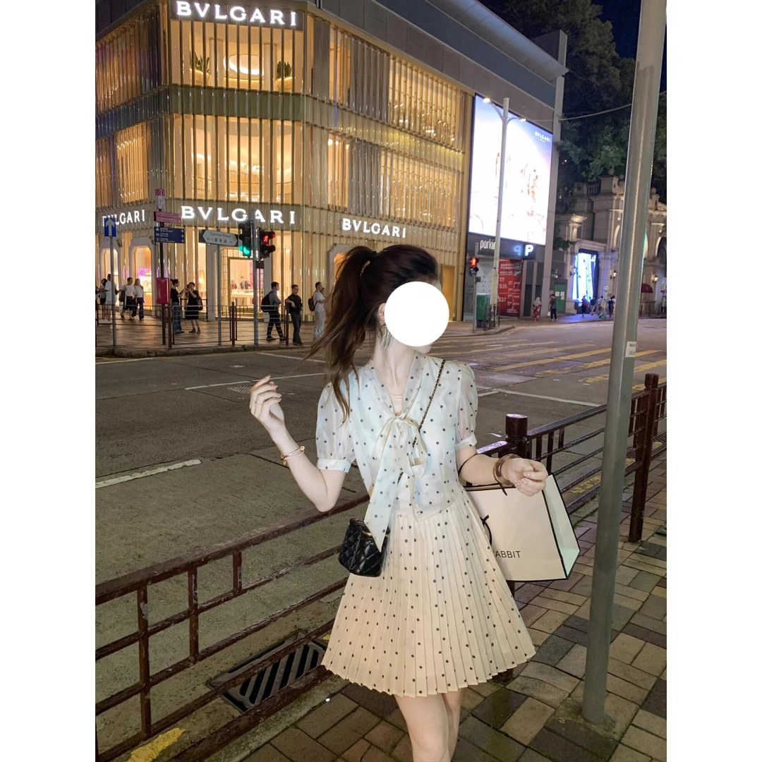 法式时尚休闲连衣裙女2025年夏季新款流行爆款气质收腰波点裙子潮