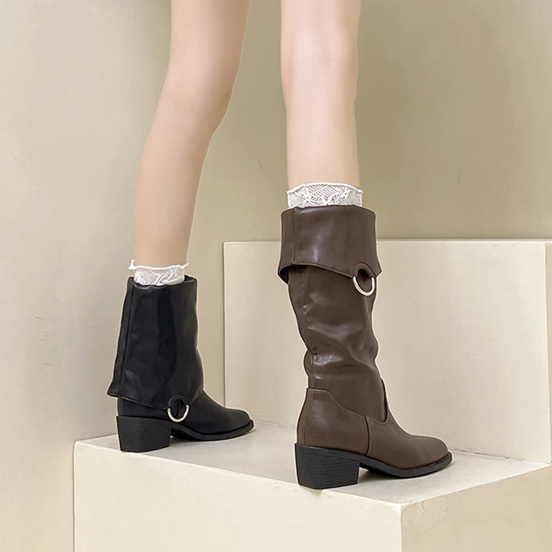 时尚粗跟显瘦褶皱堆堆靴女鞋2025秋冬新款不过膝高筒靴金属环骑士