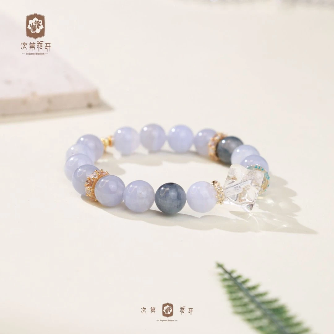 【瀛洲】蓝纹玛瑙 蓝兔毛 水晶手串