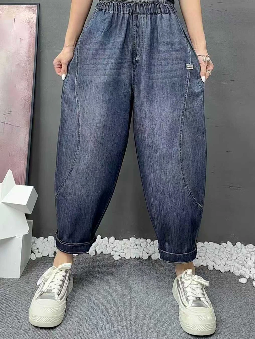 夏季超薄款冰丝牛仔裤女士宽松显瘦贴布哈伦裤松紧腰百搭八分裤子