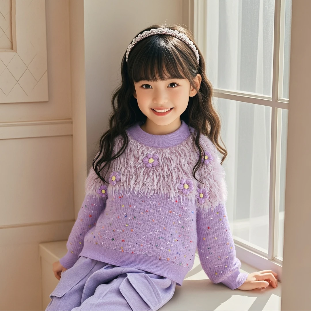 女童毛衣秋冬2025新款儿童加厚打底水貂针织衫洋气彩点花朵小清新