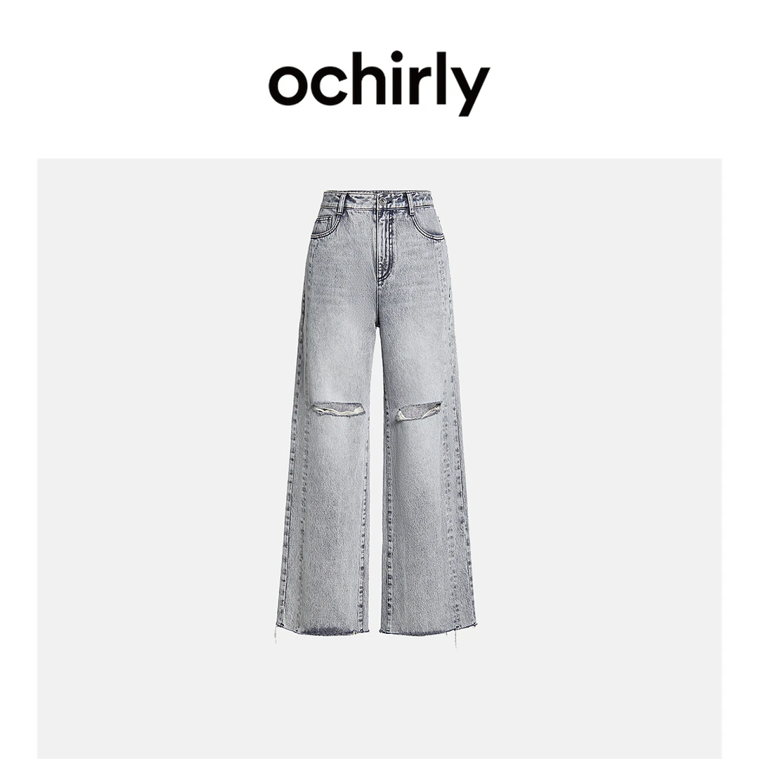 纯棉破洞直筒牛仔长裤女OCHIRLY欧时力新款夏装阔腿裤休闲