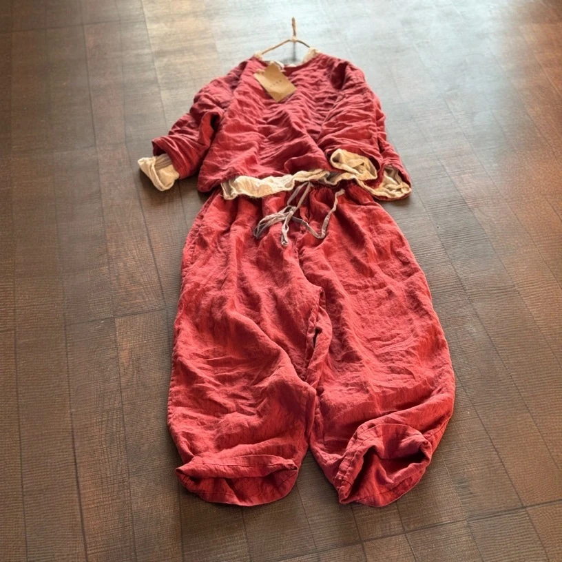 砂洗亚麻 春季新款麻衫 亚麻阔腿裤复古高腰休闲女士宽松松紧腰