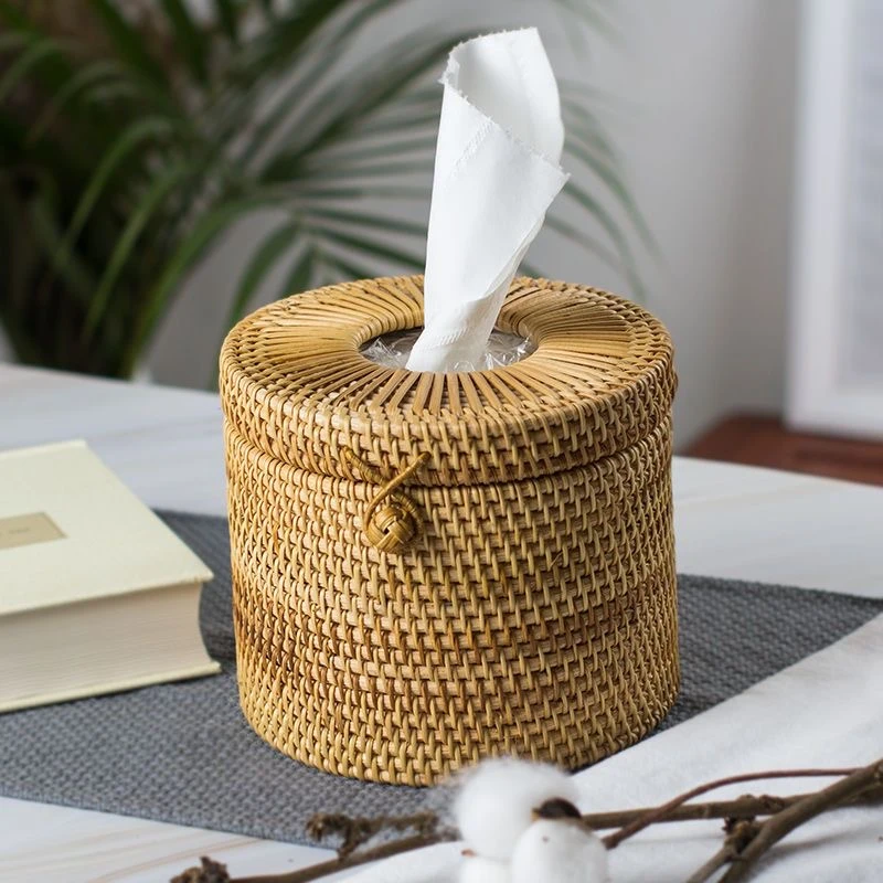 秋藤美越南藤编15*14圆桶纸巾盒手工编织日式抽纸盒客厅餐厅餐巾