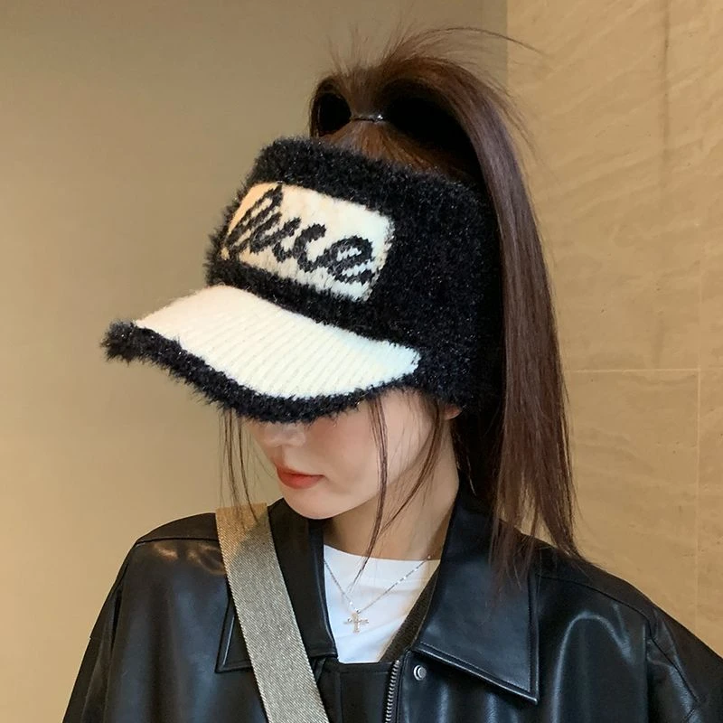 韩版时尚字母毛绒针织空顶帽子女冬季保暖百搭新款加厚无顶鸭舌帽